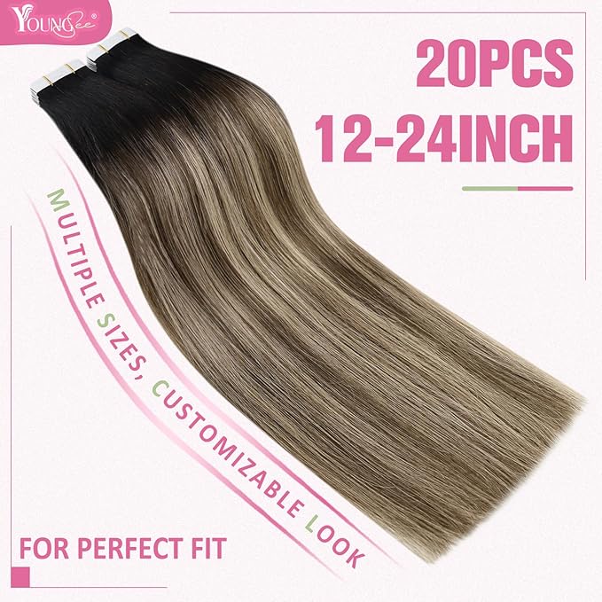 YoungSee Human Hair Tape in Extensions Black Balayage Tape in Hair Extensions Human Hair Black Ombre Brown with Caramel Blonde Tape-in Extension Ombre Hair Extension Tape-in 16 Inch 20pcs 50g
