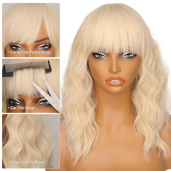 Nnzes Short Wavy Bob Wig with Bangs for Women Shoulder Length Curly Soft Ash Blonde Synthetic Heat-Resistant Fiber Hair for Daily & Party Use
