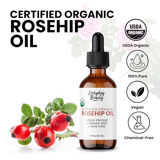 Organic Rosehip Seed Oil | 100% Pure, Cold-Pressed, Unrefined | USDA Certified Organic | Amber Glass Bottle with Glass Dropper | For Face, Skin & Hair - 1 Fl Oz