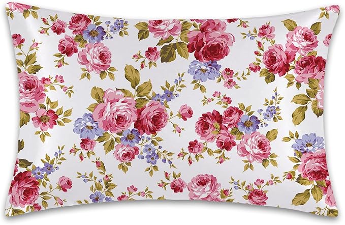 Satin Pillowcase 1 Pack-Rose Flower Floral Silky Pillow Cover for Hair and Skin,Standard Size 20x26 Inch Soft Cooling Printed Pillow Cases with Hidden Zipper,Gifts for Women Men