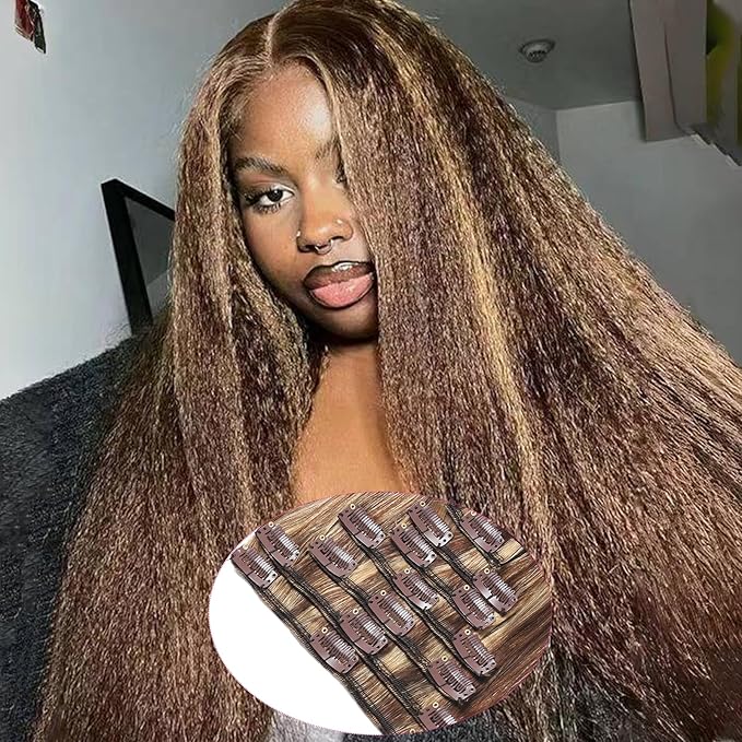 Clip in Hair Extensions Kinky Human Hair 110g Remy Human Hair Clip on Extensions 8pcs 18 Inch Soft Hair for Fashion Women 18Clips/Set Chocolate Brown to Honey Blonde Hair Extensions (#P427)