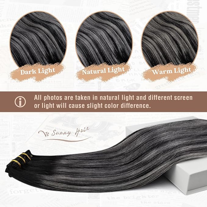 Ve Sunny Real Hair Extensions Clip in Human Hair Black Ombre Grey Balayage Remy Clip in Hair Extensions Human Hair Full Head Set 18inch 7pcs 120g