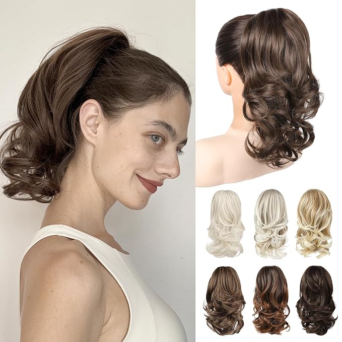 Ponytail Extension - 14" Claw Clip in Ponytail Hair Extensions Natural Soft Synthetic Layered Wavy Pony Tail Hair Pieces for Women - Medium Brown