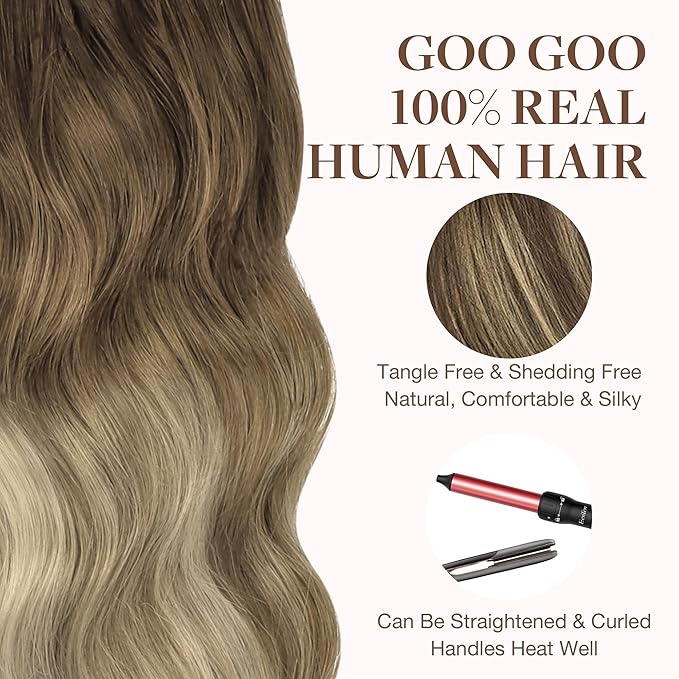 GOO GOO Tape in Hair Extensions Human Hair, 4D/14/5B Brunette Balayage, 24inch 30g 10pcs, Skin Weft Seamless Invisible, Silky Straight with Thick Ends, Remy Human Hair