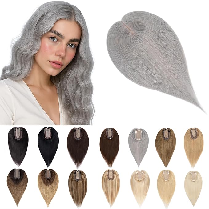 SEGO Grey Hair Toppers for Women Real Human Hair No Bangs, 7 * 13 CM Silk Base Clip In Topper Wiglet, Top Pieces Add Volume -12 Inch G1 Silver Grey