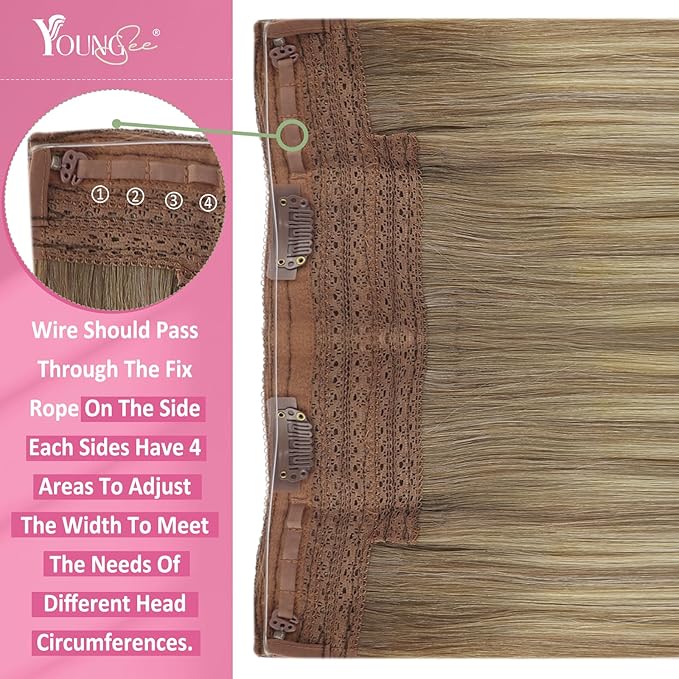 YoungSee Wire Human Hair Extensions Light Brown Invisible Wire Hair Extensions Balayage Light Brown Mix Platinum Blonde Fish Line Hair Extension with Extra Clips 80G 18In