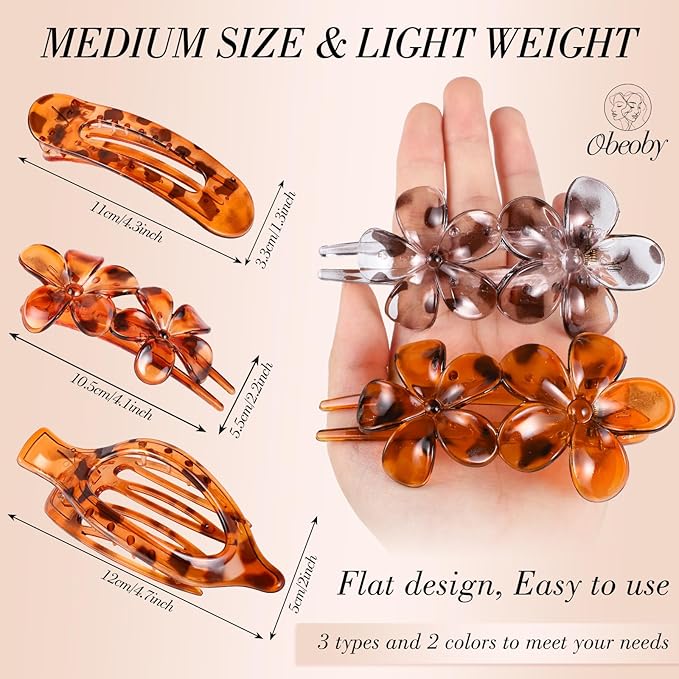 Obeoby 6 Pcs Flat Hair Clips for Women, 3 Types French Flat Claw Clips Hair Accessories Barrettes Large Medium Stocking Stuffers Christmas Gifts (Tortoiseshell)