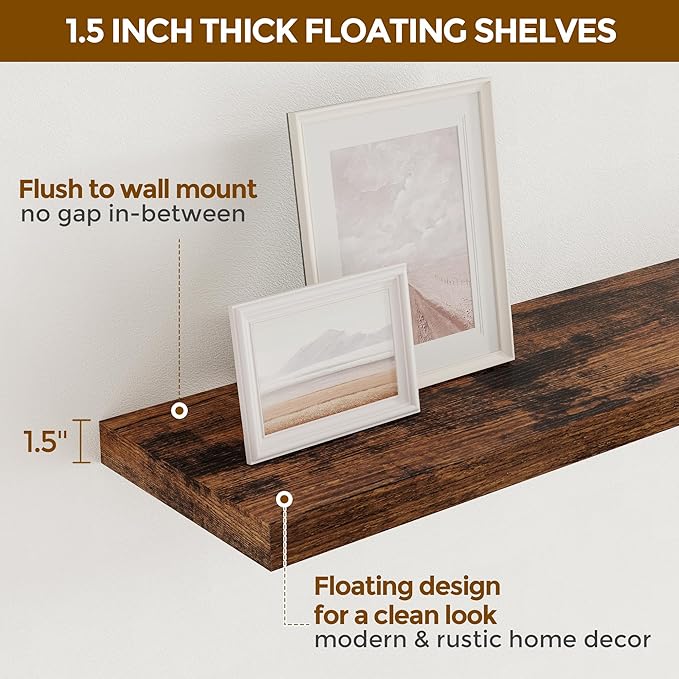 24 x 9 Floating Shelves, 9 Inch Deep Floating Shelf Wall Mounted, 24 Inch Bathroom Shelves Set of 2, Rustic Wood Wall Shelf for Bedroom, Living Room, Rustic Brown Color