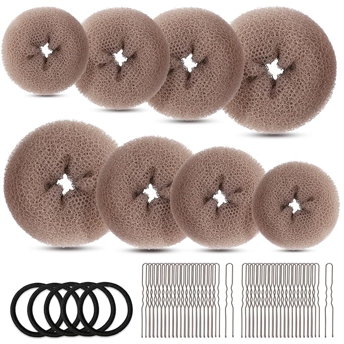 FANDAMEI Hair Bun Maker Set- 8 PCS Hair Donuts for Buns (2 Extra-large,2 Large,2 Medium and 2 Small), 40 PCS Bobby Pins, 5 PCS Hair Elastic Ties Black,Bun Maker - Tan Brown