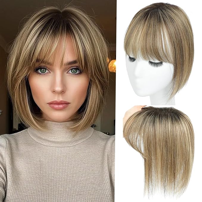 Hair Toppers with Thinning Hairs 100% Real Human Hair Toppers for Women 3D Cover Clip in Bangs 10inch Medium Brown Mix Blonde with Dark Brown Root Topper 120% Density #4T427