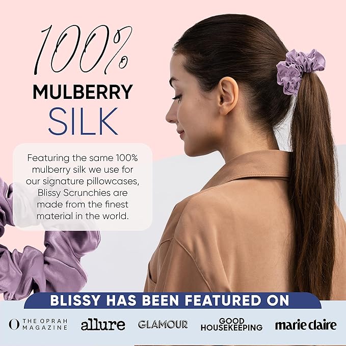 Blissy Silk Scrunchies (3 Pack) - 100% Pure Mulberry Silk - 22 Momme 6A High-Grade Fibers Scrunchie for Straight & Curly Hair - Preventing Breakage, Tangling, & Creasing (Lavender Skinny)