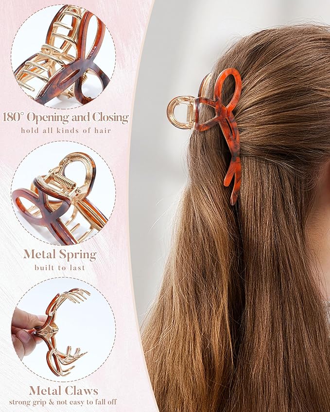 ACECHA 2 Pack Gold Metal Bow Hair Claw Clips for Women, 4.5" Colorful Non-slip Hairclips for Thick Thin Hair Claws Strong Hold Styling (B-Black & Brown)