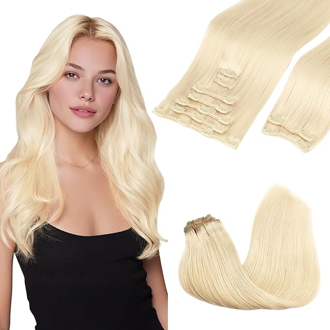 GOO GOO Clip in Hair Extensions Real Human Hair, Remy Human Hair Extensions Clip ins for Women, Natural Human Hair, 14inch 150g 9Pcs, 613R Bleach Blonde