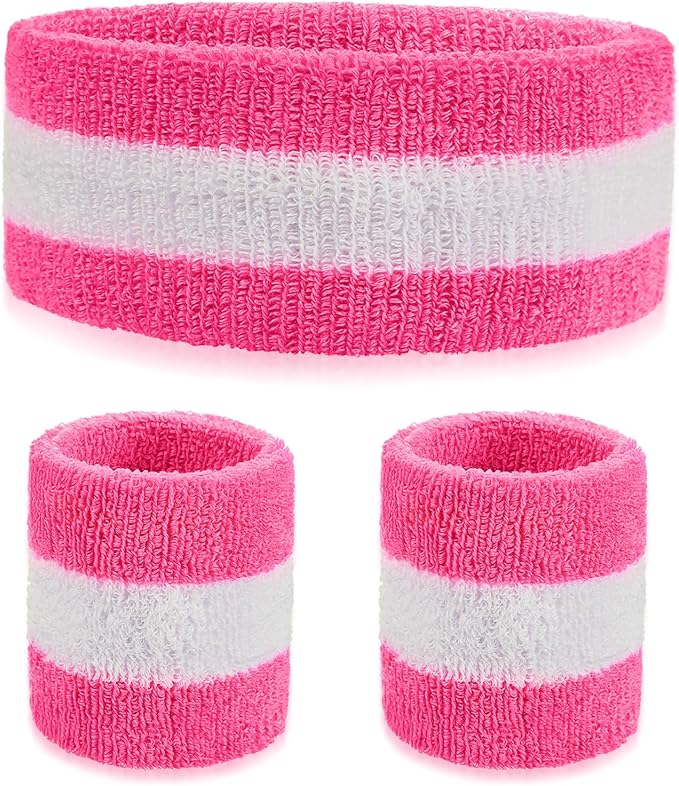 3 Pcs Sweat Band Set, 1 Pcs Headband and 2Pcs Wristbands, Pink Strips Sweatbands for Women Sports Fitness 80s Costumes Accessories(Pink)