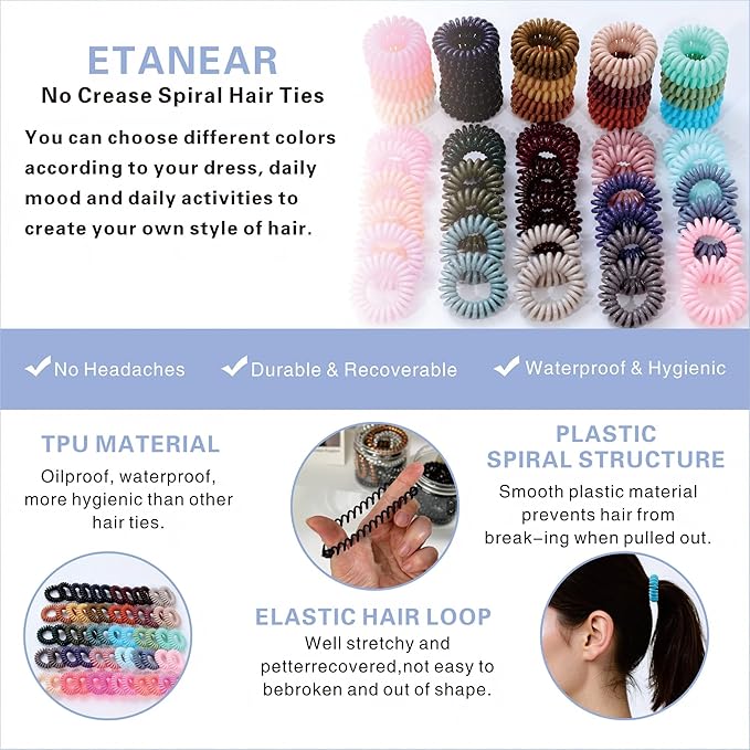 Spiral Hair Ties, 60-Pc Elegant Hair Scrunchies Elastic Hair Ties for Women's Hair Comfortable, Non-Slip, No Damage Perfect for Various Occasions/Styles, Ideal Gift for Girls, Kids