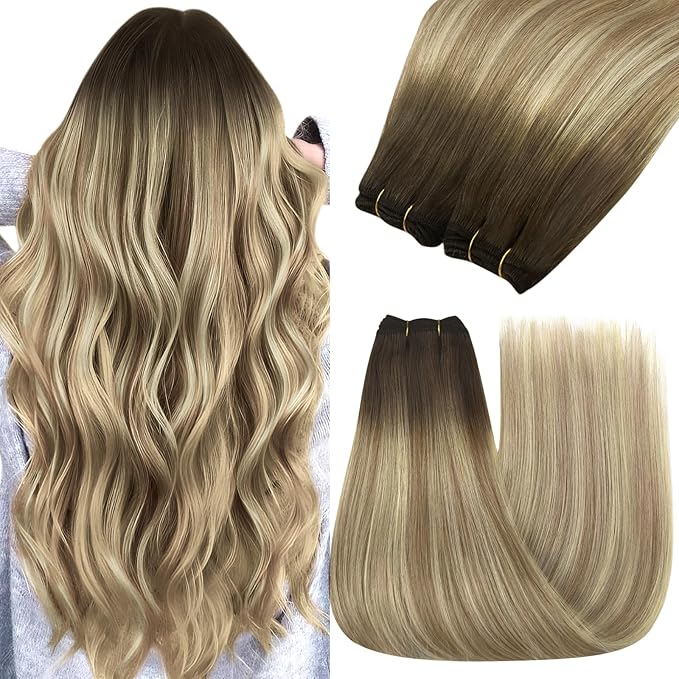 YoungSee Weft Hair Extensions Ombre Sew in Hair Extensions Walnut Brown Ombre Light Brown with Blonde Hair Extensions Weft Real Human Hair Bundle One Piece for Women 14Inch 100G