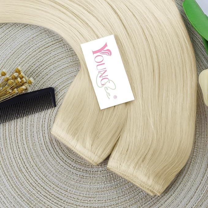 YoungSee Wire Human Hair Extensions Platinum Blonde Hair Extensions Invisible Wire Long Straight Hair Fish Line Extensions Dyable Remy Hair 100G 20 Inch
