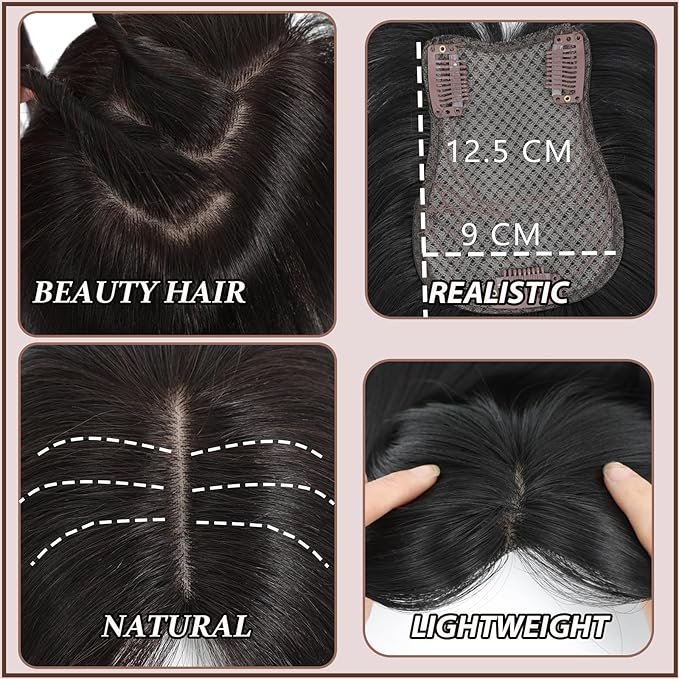 Hair Toppers for Women Real Human Hair, 360° 3D Human Hair Toppers for Women with Thinning Hair Upgrade Middle Part Clip in Bangs (Mocha Brown NEW, 14 Inch-3D-Side)