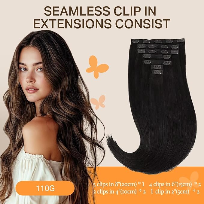 DOORES Hair Extensions Seamless Clip in Human Hair, Natural Black 18 Inch 110g 7pcs, Clip in Extensions Remy Straight Invisi Edge Weft