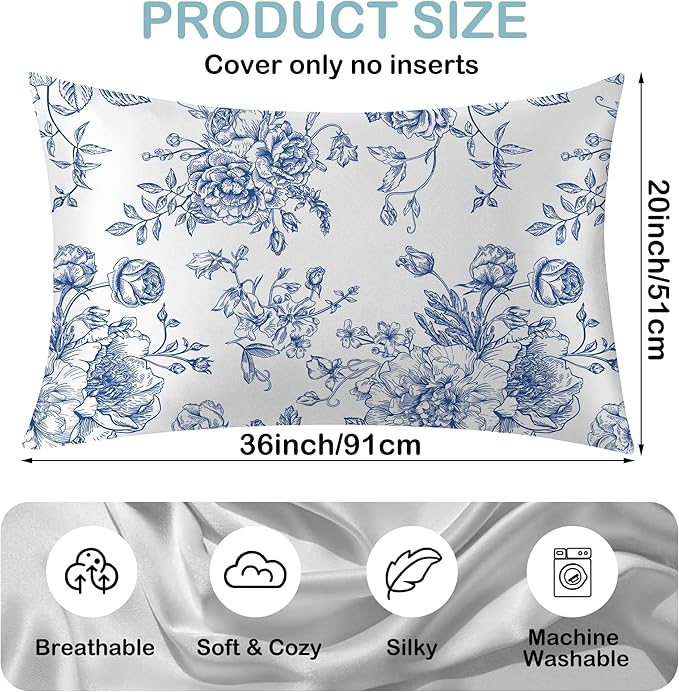 Satin Pillowcase 1 Pack-Blue Flowers Peonies Roses Silky Pillow Cover for Hair and Skin,King Size 20x36 Inch Soft Cooling Printed Pillow Cases with Hidden Zipper,Gifts for Women Men