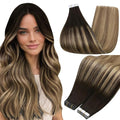 Full Shine Human Hair Tape in Extensions Color 2 Dark Brown Ombre 8 Ash Brown And 27 Blonde Remy Tape in Hair Extensions Human Hair 18Inch Straight Seamless Skin Weft 50Gram 20Pcs for Wedding