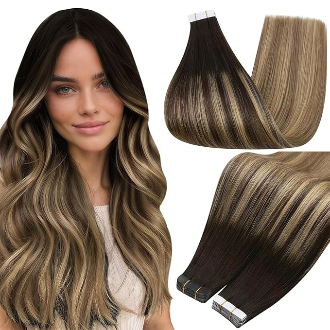 Full Shine Tape in Human Hair Extensions Color 2/8/27 Brown And Honey Blonde Tape in Hair Extensions Real Human Hair 20Inch Hair Extension 50G Seamless Human Hair 20Pcs Add Length for Wedding