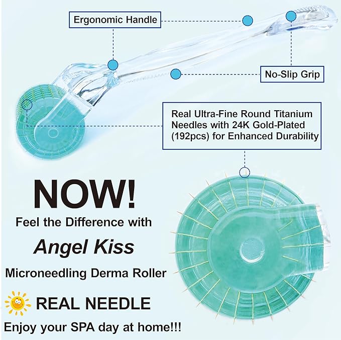 Derma Roller REAL NEEDLE Advanced 5 - Angel Kiss 0.30mm Titanium Microneedling Roller for Face, Body, Beard, Scalp, Skin Care - 0.18mm Ultrafine 192 Micro Needles Dermal Tool for Women Men
