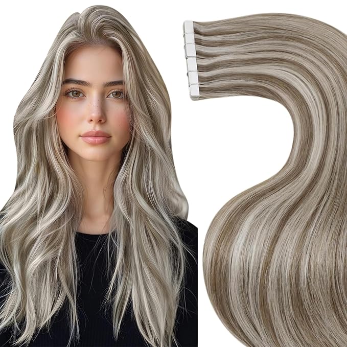LaaVoo Tape in Hair Extensions Human Hair Highlights Tape ins Human Hair Extensions Platinum Blonde Highlights with Ash Brown Hair Extensions Tape in 24 Inch 20pcs 50g