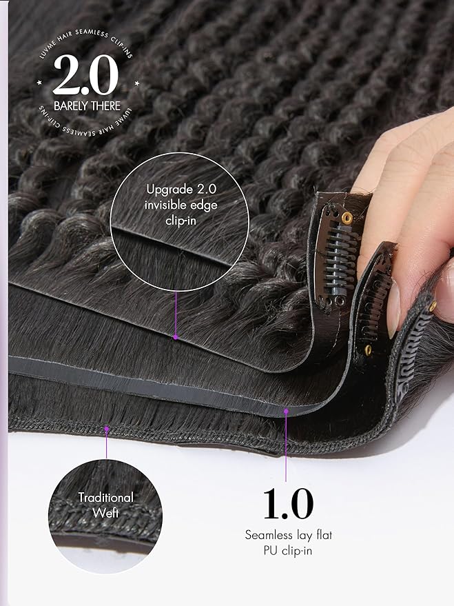 LUVME Invisible Clip ins Hair Extensions Deep Kinky Curly Real Human Hair Remy Hair Clip ins for Women, Natural Human Hair, 14 inch 110g 6Pcs, Natural Black