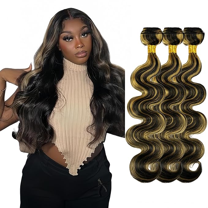 Blonde Body Wave Bundles Human Hair Highlight Bundles 18 20 22 Inch Brazilian Virgin Soft and Silky Remy Hair Extensions Niegmeag 2 Tone Black and Honey Blonde Bundle