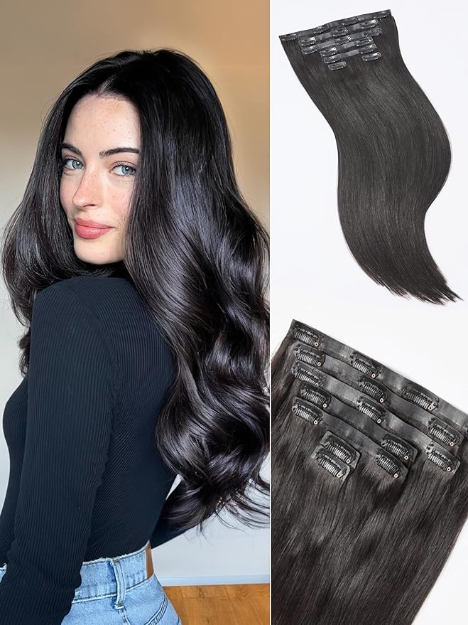 LUVME 2 Pack Straight Seamless 220g 14Pcs Clip in Hair Extensions Full Max with 18inch Remy Human Hair Extensions, Natural Black 100% Real Soft Human Hair Extension