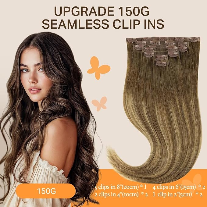 DOORES Human Hair Clip in Extensions, Medium Brown Highlighted Dirty Blonde 22 Inch 150g 7pcs, Seamless Clip in Hair Extensions Remy Straight Thick Hair Thin Weft Invisi Edge Hair Extensions