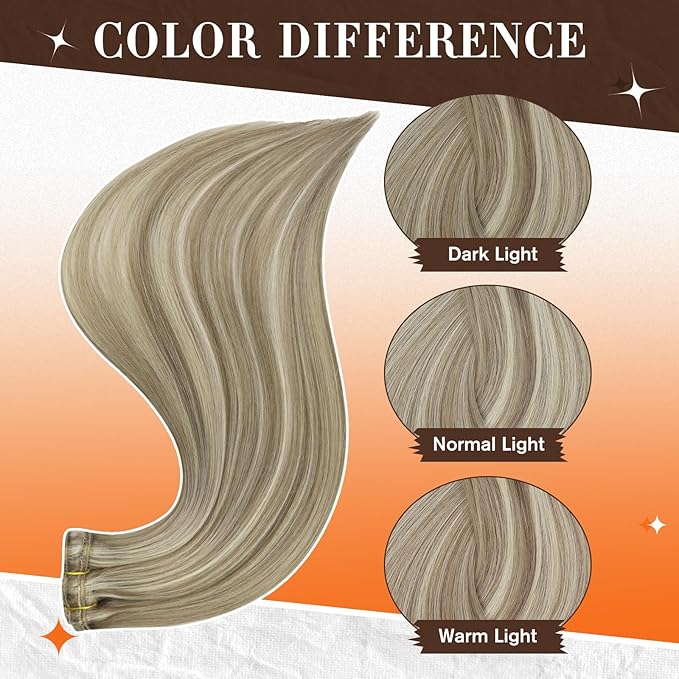 Full Shine Blonde Extensions Clip in 16 Inch Clip in Hair Extensions Real Human Hair Lace Weft Brown and Blonde Highlight Hair for Thin Hair 3 PCS 60 Grams