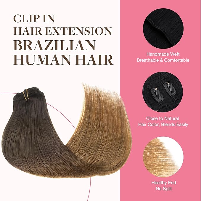 GOO GOO Clip in Hair Extensions Real Human Hair, Remy Human Hair Extensions Clip ins for Women, Natural Human Hair, 18inch 150g 9Pcs, 1D/2C/4E Chocolate Dip Color Melt