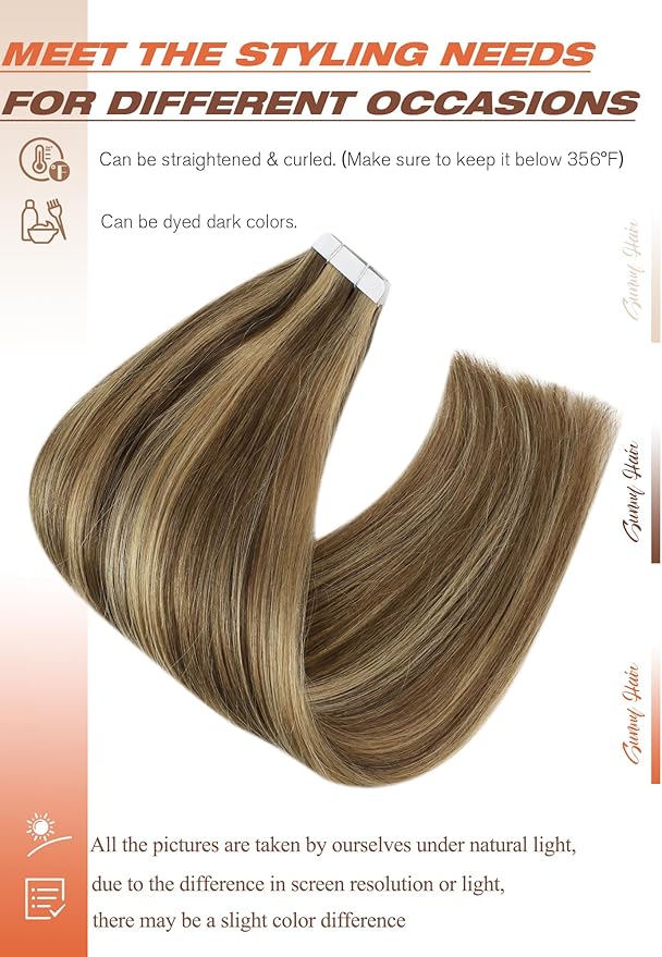 Sunny Hair Tape in Hair Extensions Human Hair 24 Inch Hair Extensions Real Human Hair Tape in Extensions for Women Medium Brown Highlights Caramel Blonde Remy Hair Straight Skin Weft 40pcs 100g