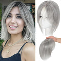 Hair Toppers for Women Real Human Hair, 360°3D Topper for Women with Thinning Crown Wispy Clip in Bangs Breathable Hand Tied Craft Big Coverage Hairpieces(Gray（Big Coverage）, 12 Inch-3D-Side)
