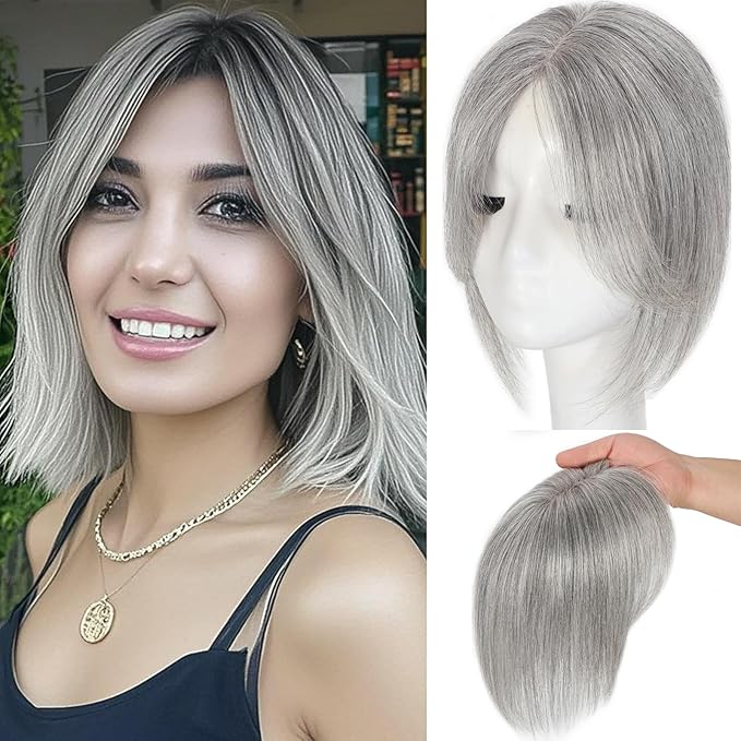 Hair Toppers for Women Real Human Hair, 360°3D Topper for Women with Thinning Crown Wispy Clip in Bangs Breathable Hand Tied Craft Big Coverage Hairpieces(Gray（Big Coverage）, 12 Inch-3D-Side)