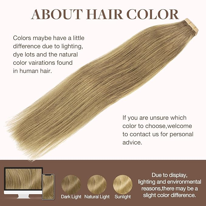 GOO GOO Tape in Hair Extensions Human Hair, 7 Bronde, 18inch 25g 10pcs, Skin Weft Seamless Invisible, Silky Straight with Thick Ends, Remy Human Hair