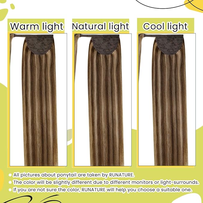 RUNATURE Ponytail Extension Real Human Hair, Wrap Around Human Hair Ponytail for Women, Natural Blends Magic Paste Ponytail for Daily Wearing, 14 Inch 70g #3P12 Walnut Brown Highlight Honey Blonde