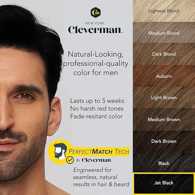 CLEVERMAN Jet Black Hair & Beard Dye for Men, All-in-One Reusable Kit - Permanent, Ammonia-Free, Professional-Quality and Natural-Looking Gray Coverage for Hair, Beard & Mustache