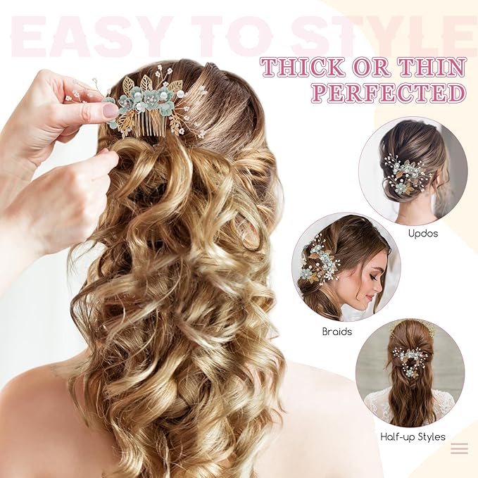 Wedding Flower Hair Accessories for Women: 4pcs Leaf and Flower Hair Combs for Women Accessories - Crystal Pearl Wedding Flower Clips Headpiece for Brides Bridesmaids Girls Updo (Green)
