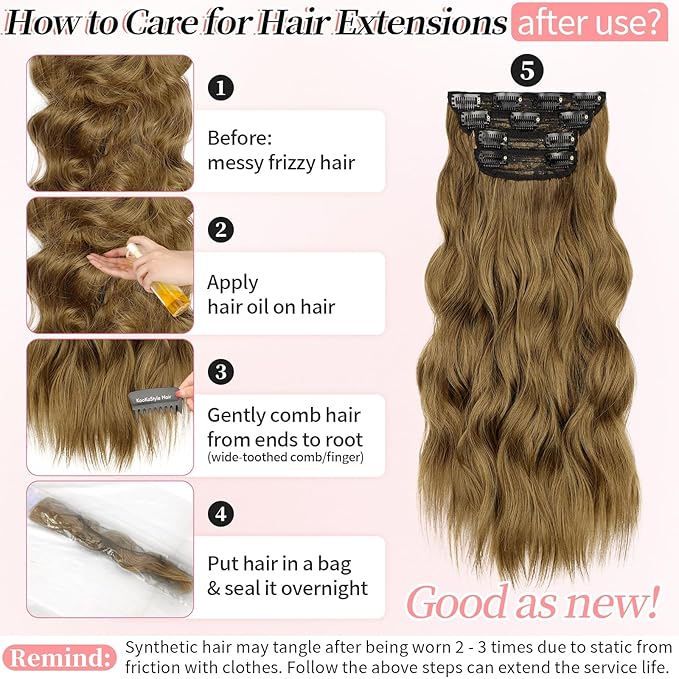 KooKaStyle Clip in Synthetic Hair Extensions Long Wavy 4PCS Thick Hairpieces Brown with Multi - Tone Highlights Fiber Double Weft Natural Hair Extensions 20 Inch for Women