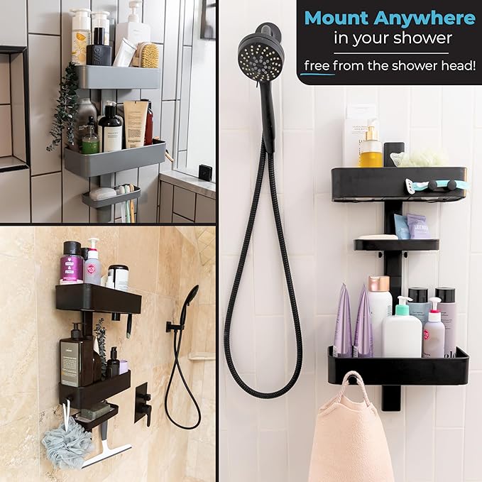 ShowerSMART Rust Resistant Hygienic Shower Caddy – Hanging Bathroom Organizer with Adjustable Shelves, Easy Clean Trays & Magnetic Hooks for DIY Remodels & Shower Niches - Black