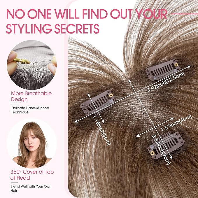 Hairro Human Hair Toppers with Wispy Bangs, 3D 360° Seamless Real Hair Toppers, Hand-Tied with 3.5"x4.7" T-shaped Base, Clip-In Hairpieces to Add Volume on Top, 11 Inch Medium Brown