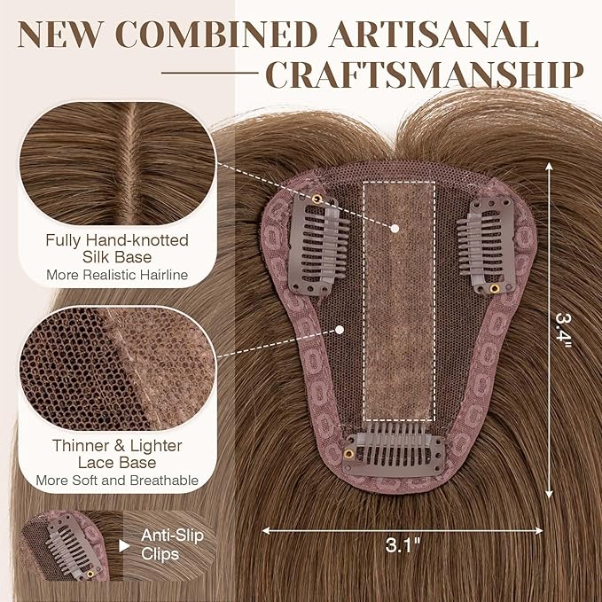 S-noilite Hair Toppers for Women Real Human Hair 3D 360° Cover Clip in 100% Real Human Hair Toppers 3″*4″ Clip in Silk Base 8 inch Meduim Brown