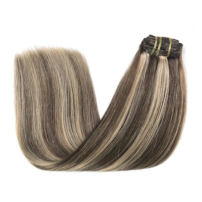 XDhair Clip in Hair Extensions Human Hair 140g 7pcs 14 Inch Chocolate Brown to Caramel Blond Clip in Real Hair Extensions #4p27/14 inch