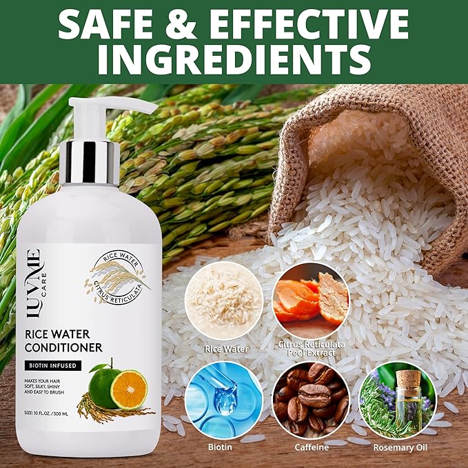 Luv Me Care Rice Water Hair Thickening Conditioner - with Biotin Improve Strength, Volume, and Shine, Deep Conditioning for Dry, Frizzy, or Curly Strands 10 Fl Oz