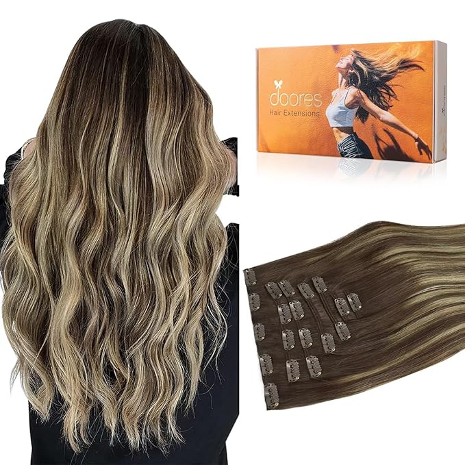 DOORES Clip in Hair Extensions Real Human Hair, Balayage Chocolate Brown to Honey Blonde 24 Inch 7pcs 120g, Human Hair Extensions Clip ins Remy Natural Hair Extensions Thick Straight Hair