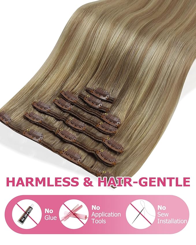 YoungSee Balayage Clip in Hair Extensions 24 inch Human Hair Clip in Extensions Ombre Clip in Hair Extensions Human Hair Light Brown Mix Platinum Blonde Long Straight Hair for Women 120G 7Pcs