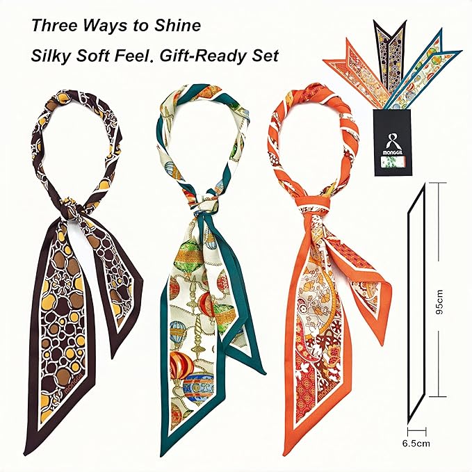 Skinny Scarf 3 Pack for Women – Bag Scarf, Silk Hair Scarves (Original Prints, Premium Twill, 3 Designs)